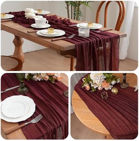 1Pcs Cheesecloth Table Runner Burgundy 10FT Boho Gauze Cheese Cloth Table Runners 120 Inches Long Rustic Sheer for Centerpiece Home Party Christmas Wedding Baby Shower Spring Easter Decor