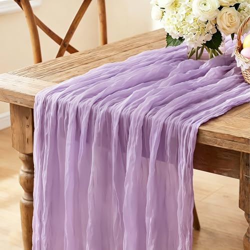 3Pcs Lilac Table Runner, 10FT Rustic Gauze Lavender Table Runner 35*120inch Boho Table Runners for Wedding Bridal Shower Baby Shower Table Centerpiece Decorations