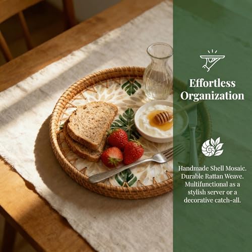 Boho Handwoven Rattan Tray with Mother of Pearl Inlay, 30cm Round Decorative Tray, Wooden Base Serving Tray for Breakfast, Vanity, Coffee Table & Wall Hanging Decor (Size:Middle, Pattern:Greenleaf)