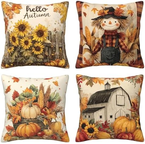 Thanksgiving Day Throw Pillow Covers Set of 4 Decorative Soft Double Sided Print Pillow Case Farmhouse Home Decor for Living Room Sofa Couch 18x18