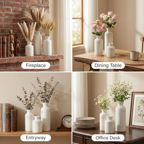 Vintage Ceramic Flower Vase Set of 3, Rustic Farmhouse Vase for Home Decor, Distressed Decorative Vase for Table Entryway Mantel Centerpiece Living Room Bathroom Bedroom (Weathered White)
