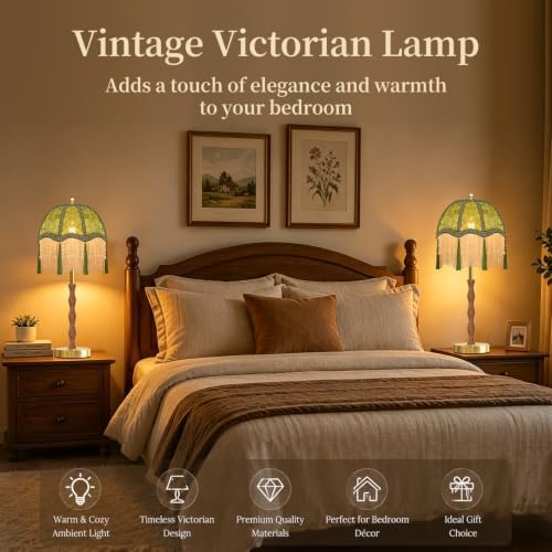 Industrial Table Lamps Set of 2 for Bedroom,Reto Boho Beside Lamp Dimmable Gold Bedroom Lamps Green Desk Tall Table Light Mid Century Modern Mini Nightstand Table Lamp for Bedroom Living Room