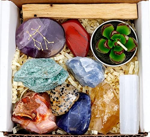 DANCING BEAR Gemini Zodiac Healing Crystals Gift Set (14 Pc): 9 Stones, 18K Gold-Plated Constellation Necklace, Meteorite, Succulent Candle, Palo Santo Smudge Stick, and Info Guide, Made in The USA