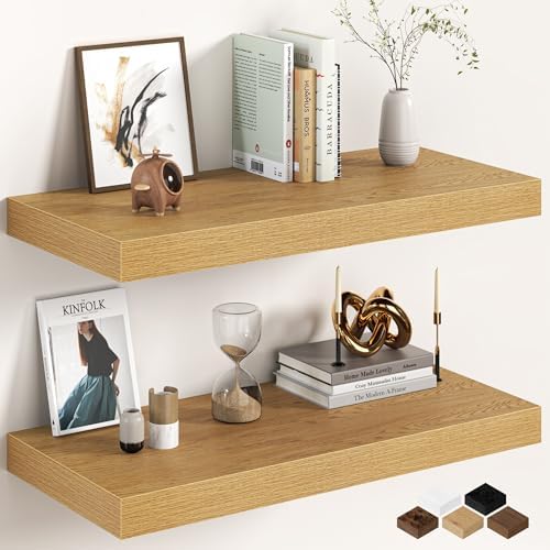 Fun Memories 27.5 Inch Deep Floating Shelves, Set of 2 Heavy Duty Wall Mounted Shelves with Invisible Brackets, Large Rustic Wood Storage Bookshelf for Living Room, Bathroom and Kitchen, Oak