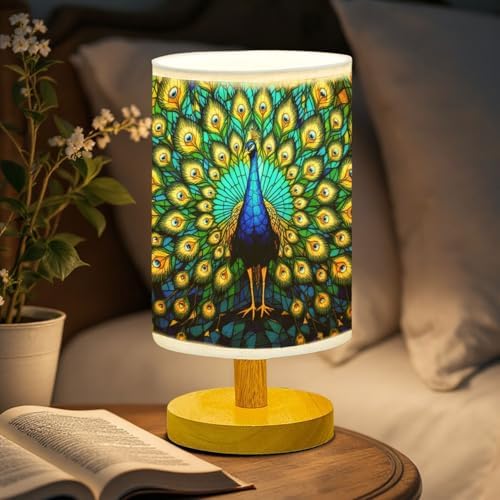 Peacock Table Lamp LED 3-Color Pressed Bedside, Peacock Shade Lamp with Wood Base for Bedroom Living Room Desk Office TL01
