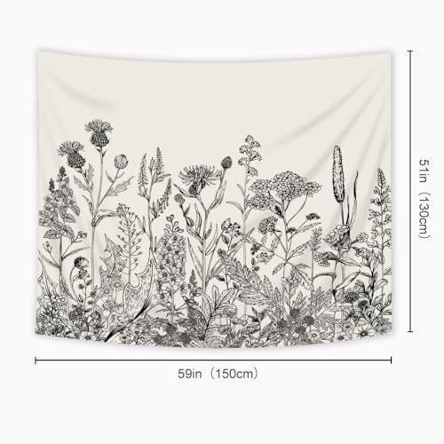 Riyidecor Floral Tapestry Wall Hanging Home Decor 59Wx51H Inch Vintage Blossom Flower Living Room Decor for Men Women Modern Aesthetic Sketch Botanical Plant Herbs Nature for Bedroom Dorm