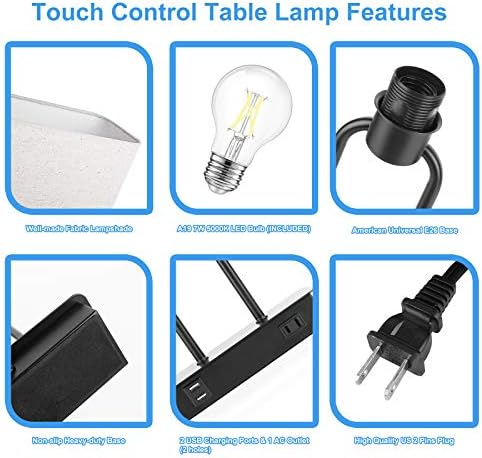 Bedside Touch Control 3 Way Dimmable Table Lamp with Cream Fabric Shade
