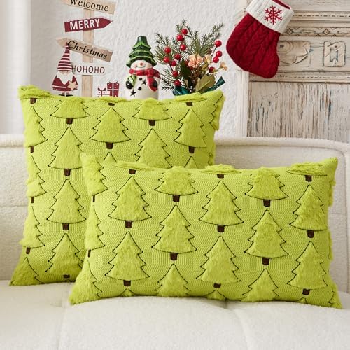 Kevin Textile Christmas Tree Pillow Covers 16x16 Inch Set of 2 Luxury Embroidery Soft Plush Faux Fur Decoration Pillowcases for Couch Sofa Holiday Festivals Winter Xmas Gift, Green