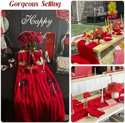 6 Pieces Red 10FT Cheesecloth Table Runner Boho Gauze Fabric Table Runner Rustic Sheer Runner for Wedding Birthday Baby Shower Party Boho Table Decoration