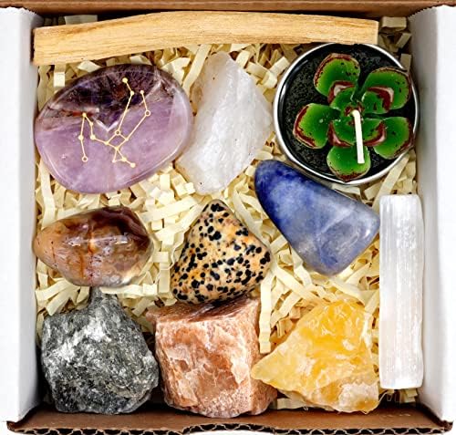 DANCING BEAR Sagittarius Zodiac Healing Crystals Gift Set (14 Pc): 9 Stones, 18K Gold-Plated Constellation Necklace, Meteorite, Succulent Candle, Palo Santo Smudge Stick & Info Guide, Made in The USA