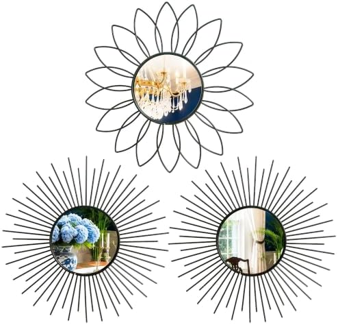 3 Pack Metal Mirrors for Wall Sunburst Wall Mirrors Home Décor Decorative Hanging Wall Art for Living Room Bedroom Entryway (Black2, Flower+Sunburst)