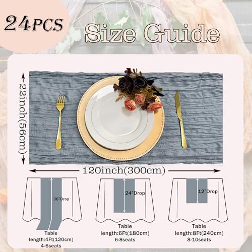 24 Pack Dusty Blue Cheesecloth Table Runner 22x120 Inch-Naturally Dyed Colors Sheer Gauze Cheese Cloth Wedding Table Runner,Rustic Boho Crinkle Fabric, Reception, Bridal Shower,Farmhouse Dining Decor