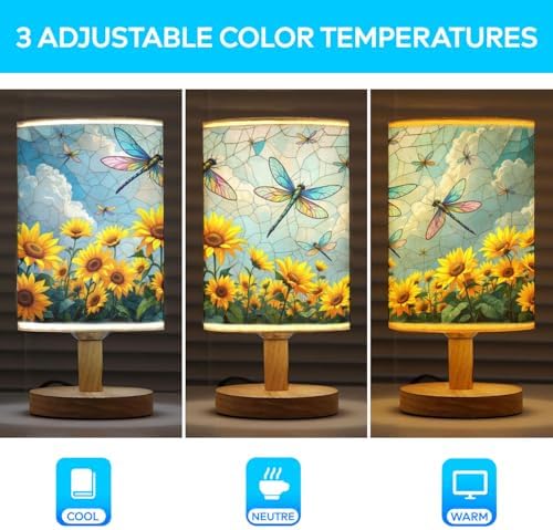 Dragonfly Table Lamp LED 3-Color Pressed Bedside, Dragonfly Shade Lamp with Wood Base for Bedroom Living Room Desk Office TL01