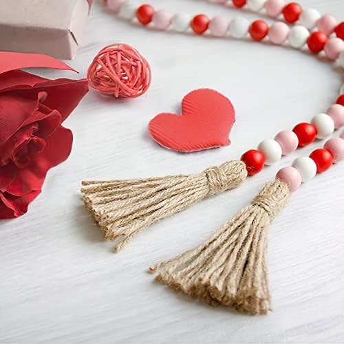 Valentine's Day Wood Bead Garland with Tassel,Rustic Wooden Bead Decor Farmhouse Beads Big Wall Hanging Decor (Pink,39In)