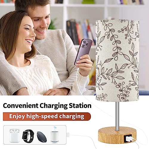 Bedside Touch Lamp, Wood Small Table lamp for Bedroom with 2 USB Charging Ports & Flower Fabric Shade, 3-Way Dimmable Nightstand Lamps for Living Room Office Reading Desk Home Dorm(LED Bulb Included)