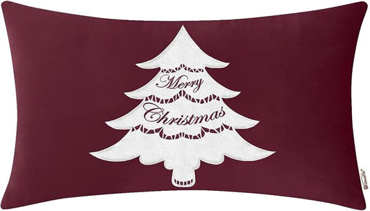 BRAWARM Christmas Pillow Cover 12 X 20 Inches, Burgundy Christmas Tree Embroidered Lumbar Pillow Cover, Soft Velvet Decorative Throw Pillow for Couch Bed Sofa Living Room Home