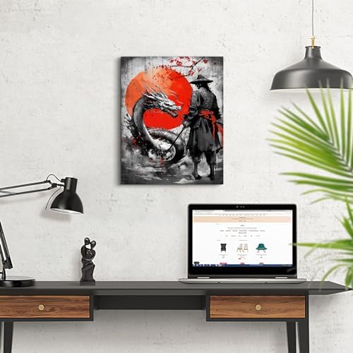 Wesluin 12"x16" Samurai Dragon Canvas – Red Sun Japanese Wall Art | Legendary duel unfolds beneath the rising crimson orb. Monochrome warrior versus beast. Hook included, ready to hang.