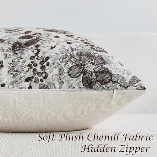 Vintage Floral Lumbar Pillow Covers 12x20 Pack of 2 Country Farmhouse Accents Chenille Jacquad Rectangular Decorative Throw Pillow Cases for Living Room Couch Bed Home Decor, Deep Brown