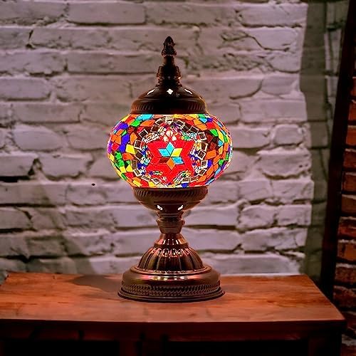 SILVERFEVER Handcrafted Mosaic Turkish Lamp Moroccan Glass Table Desk Bedside Light Bronze Base with E12 Bulb (Wine Star of David)