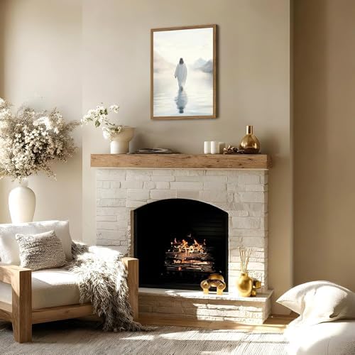 Jesus Walking on Water Wall Art White Jesus Wall Decor Christian Faith Painting 3D Textured Hand Drawn Sandstone Artwork for Living Prayer Room Bedroom 24x36 inch Wood Framed