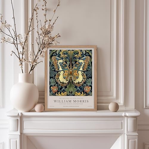Monem Art William Morris - Butterfly and Flowers Print - Botanical Artwork - Exhibition Art - Floral Design - Textile Illustration - Animal Art - Aesthetic Bedroom or Office Decor - 8x10 Beige Framed