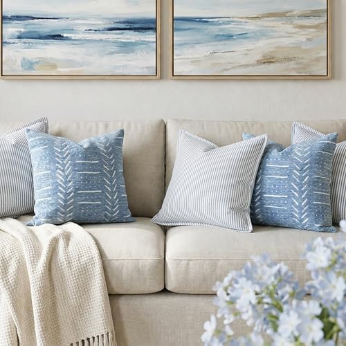 BlissBlush Coastal Blue Decorative Throw Pillow Covers 20x20 Set of 2, Soft Woven Chenille Accent Pillow Covers for Couch Sofa Bed, Textured Farmhouse Cushion Covers for Living Room