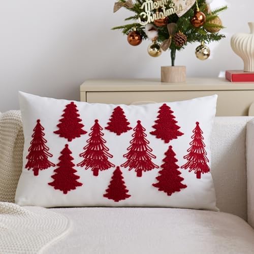 White Christmas Pillow Covers 12x20 Inch Embroidery Red Xmas Trees Decorative Lumbar Throw Pillow Cover Winter Holiday Pillow Case Cushion Cases for Sofa Couch Living Room Decorations