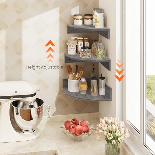 Homode Corner Floating Shelves, Set of 3 Corner Wall Shelves for Storage and Display, 3 Tier Wood Hanging Shelf Organizer for Cable Box, for Bedroom, Bathroom, Kitchen, Rustic Grey