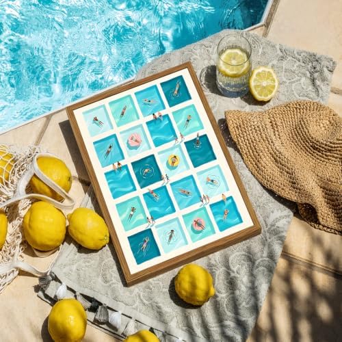 Framed Blue Swimming Pool Wall Art, Mid Century Modern Beach Tiny Swimmers Pictures Wall Decor, Summer Coastal Paintings Canvas Prints Beachy Home Decor for Living Room Bathroom 12x16 inch