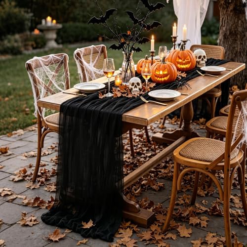 6Pcs Black Table Runner, 10FT Black Cheesecloth Halloween Table Runner 35*120inch Boho Runner for Halloween Indoor Table Kitchen Party Decorations
