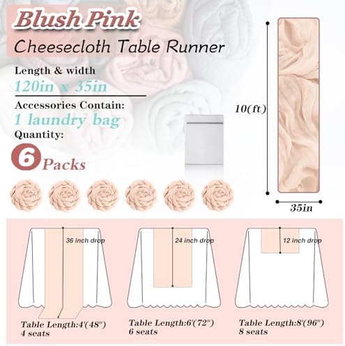 Blush Pink Cheesecloth Table Runner 6 Pack 35" Boho Gauze Tablecloth 120 inches Long Runner Rustic Sheer Fabric Bulk for Baby Shower Wedding Bridal Birthday Party Table Decorations