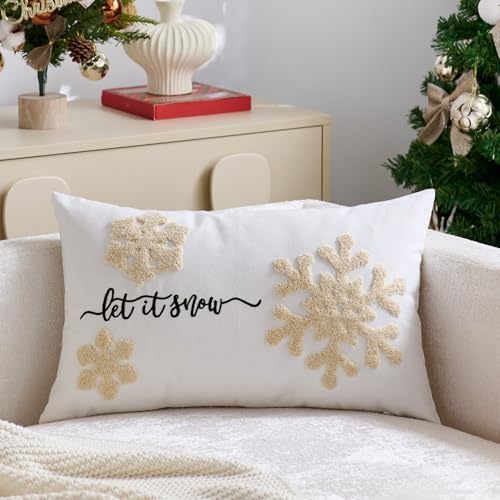 White Christmas Pillow Covers 12x20 Inch Embroidery Snowflake Xmas Decorative Lumbar Throw Pillow Cover Winter Holiday Pillow Case Cushion Cases for Sofa Couch Living Room Decorations