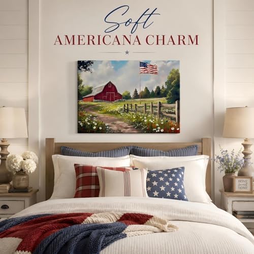 RIBNTAK Farmhouse Red Barn & American Flag Canvas Print, Rustic Wildflower Meadow Patriotic Wall Art, 4th of July Holiday Decoration for Home, Office & Rustic Interiors, Made in USA