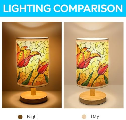 Tulip Table Lamp LED 3-Color Pressed Bedside, Tulip Shade Lamp with Wood Base for Bedroom Living Room Desk Office TL01