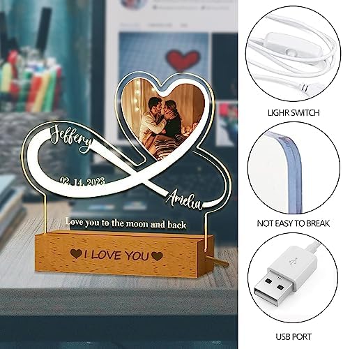 Personalized Photo Acrylic Sign Plaque Gifts for Anniversary Valentines Birthday Customizable LED Night Light Wooden Base Lamps Desk Bedroom Decor Signs