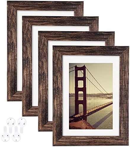 BAIJIALI 5x7 Picture Frame Rustic Brown Wood Pattern Set of 4 with Tempered Glass,Display Photos 4x6 with Mat or 5x7 Without Mat, Horizontal and Vertical Formats for Wall and Table Mounting