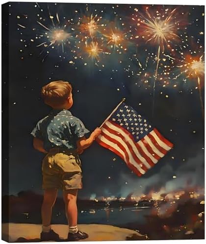 RIBNTAK Patriotic 4th of July Fireworks and American Flag Canvas Wall Art, Little Boy with US Flag Painting, Independence Day Wall Decor for Living Room, Bedroom, Home and Office, Made in USA