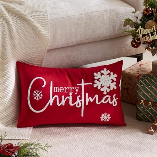 Merry Christmas Pillow Covers 12x20 Inch Embroidery Snowflake Xmas Decorative Lumbar Throw Pillow Cover Winter Holiday Pillow Case Cushion Cases for Sofa Couch Living Room Decorations Red