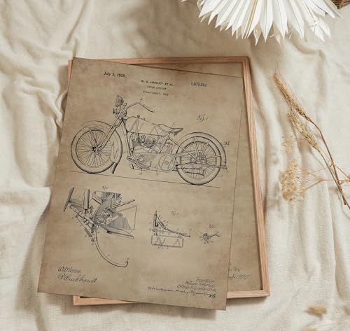 ArtCantHurtU Motorcycle Patent Prints Set of 4, Biker Decor 8"x10" Unframed | Chalkboard-style technical drawings showcase antique motorbikes and mechanical details for garages or collector displays