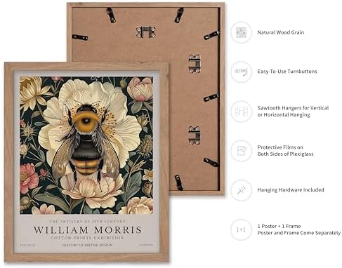Poster Master William Morris Poster - Bumble Bee Print - Flower Art - Botanical Art - Exhibition Illustration - Animal Illustration - Floral Painting - Bee Artwork - Aesthetic Office or Bedroom Decor - 11x14 Beige Framed
