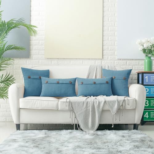 HWY 50 Smoke Blue Chenille Throw Pillow Covers 22x22 Inch Buttons Pack of 2