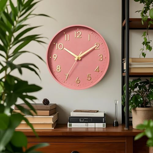 Mosewa 12 Inch Wall Clock Battery Operated Silent Non Ticking Analog | Pink Gold modern clock; oversized 3D easy-read dial for kitchen, bedroom & office; 1 AA battery (not included)