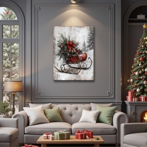 Vintage Framed Canvas Christmas Wall Art Decor 16x24, Farmhouse Red Christmas Prints Winter Paintings for Wall Sleigh Sled Art, Rustic Mantel Decoration, Country Winter Pictures