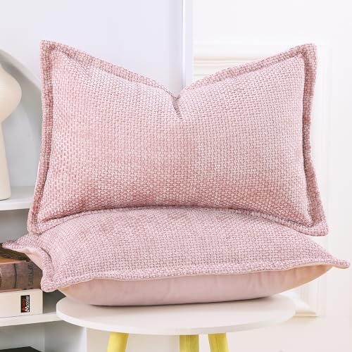MADIZZ Decorative Chenille Velvet Throw Pillow Covers Set of 2 Soft Boho Textured Neutral Couch Throw Pillow for Bed Modern Farmhouse Home Decor for Sofa Livingroom Pink 12x20 Inch