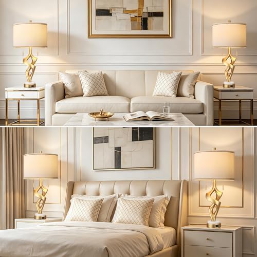 ROTTOGOON Gold Table Lamps for Living Room Set of 2, Modern Nightstand Lamps with Marble Base & Charging Ports, Rustic Resin Table Lamp for Bedrooms with Pull Chains Switch, 4 x Bulbs Included, 26"