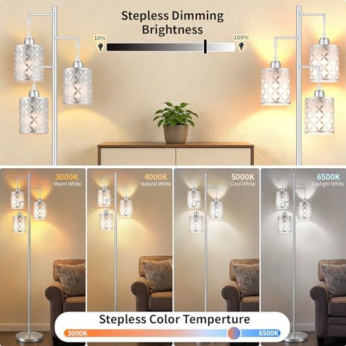 72" Dimmable Floor Lamp with Remote & Timer, Modern Minimalist Standing Lamp for Living Room Bedroom, 3 Individually Controlled Heads, 2 Height Options, 3x 800LM LED Bulbs Included - Silver