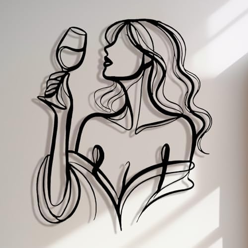 LIYAOLI Black Metal Wall Art Decor, 3D Woman Drinking Wine Sculpture for Bar, Kitchen