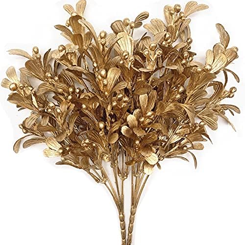 CATTREE Christmas Artificial Flowers, Golden Leaves Branches Plants Fake Berry Plant Decor for Wedding Party Indoor Outdoor DIY Home Office Table Centerpieces Arrangements Decoration - Gold 2 Pack