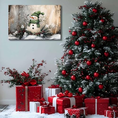 Vintage Christmas Snowman Canvas Art 12x18inch, Festive Wall Art with Snowmen in Winter Scene Paintings, Framed Winter Wonderland Decorations, Perfect for Christmas Room Decor