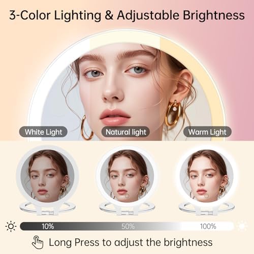 FASCINATE Travel 30X/1X Magnifying Mirror with Light Double Sided Mirror | Rechargeable Lighted Makeup Mirror with 3 Color Setting & Stepless Dimming, Adjustable LED Vanity Mirror